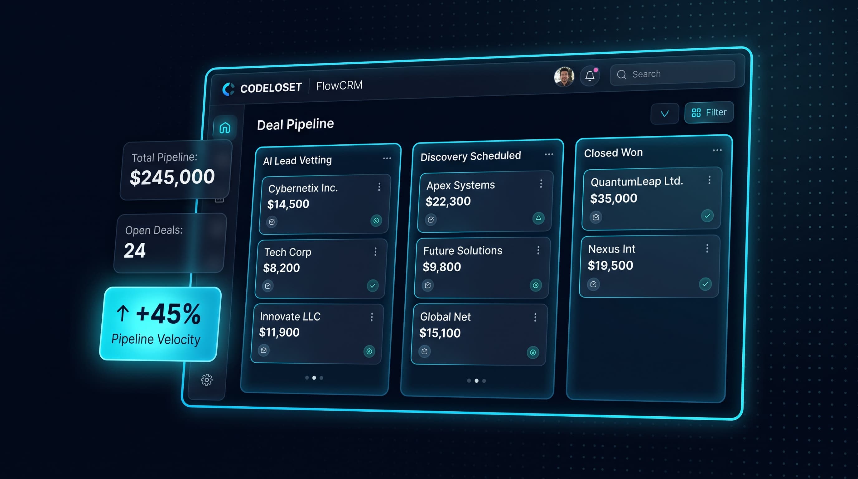 CODELOSET FlowCRM: Our Autonomous AI Sales Engine Full Platform Production Screenshot
